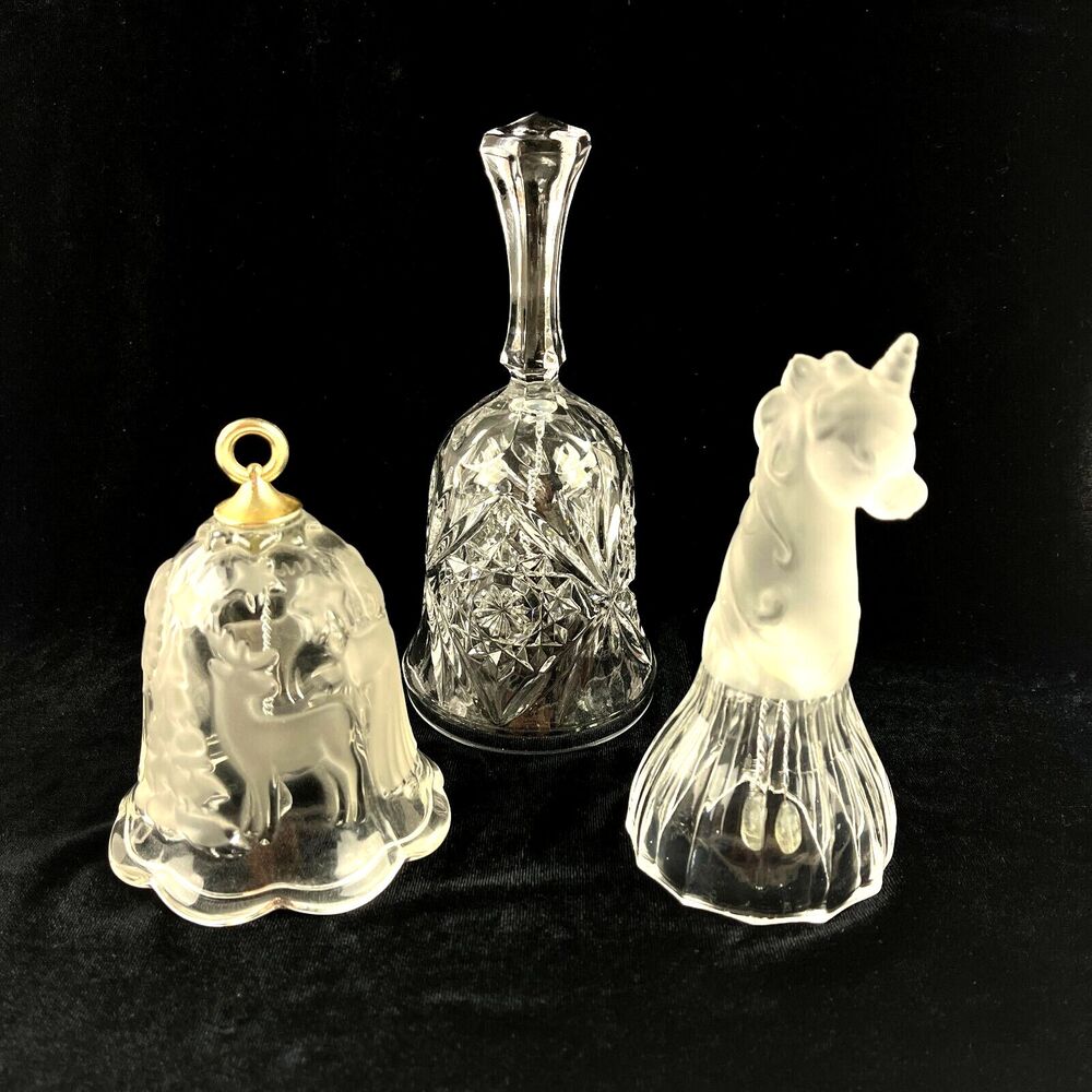 Collection of 3 Clear Cut Glass Bells Etched &Frosted Christmas home Decor